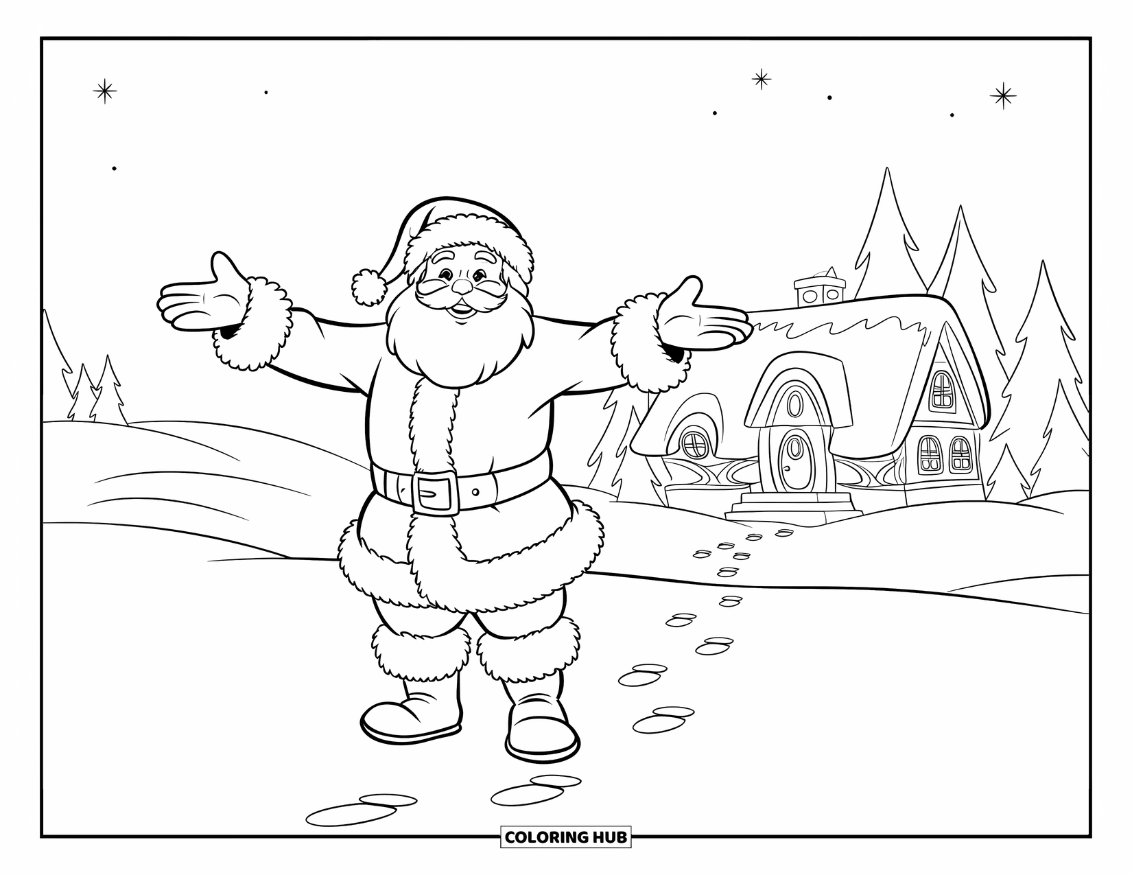 Santa Coloring Page for Kids: Santa stands happily in the snow, a cozy home nestled in the background