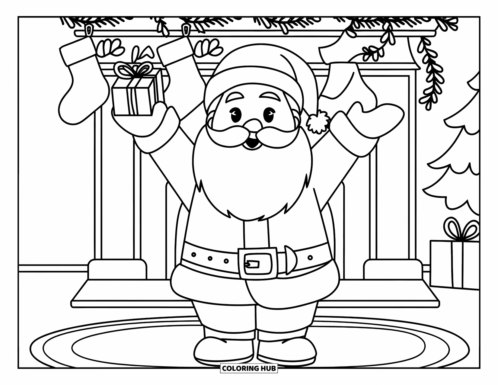 Santa Coloring Page for Kids: Santa stands in front of a fireplace, holding a present with a joyful smile