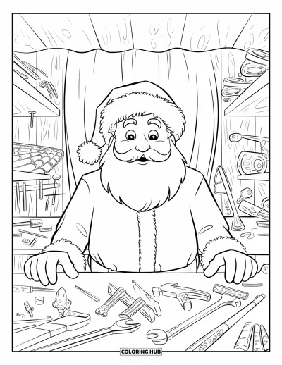 Coloriage de Père Noël pour enfants : Le Père Noël se tient dans son atelier et fabrique des jouets, avec des outils éparpillés autour de lui