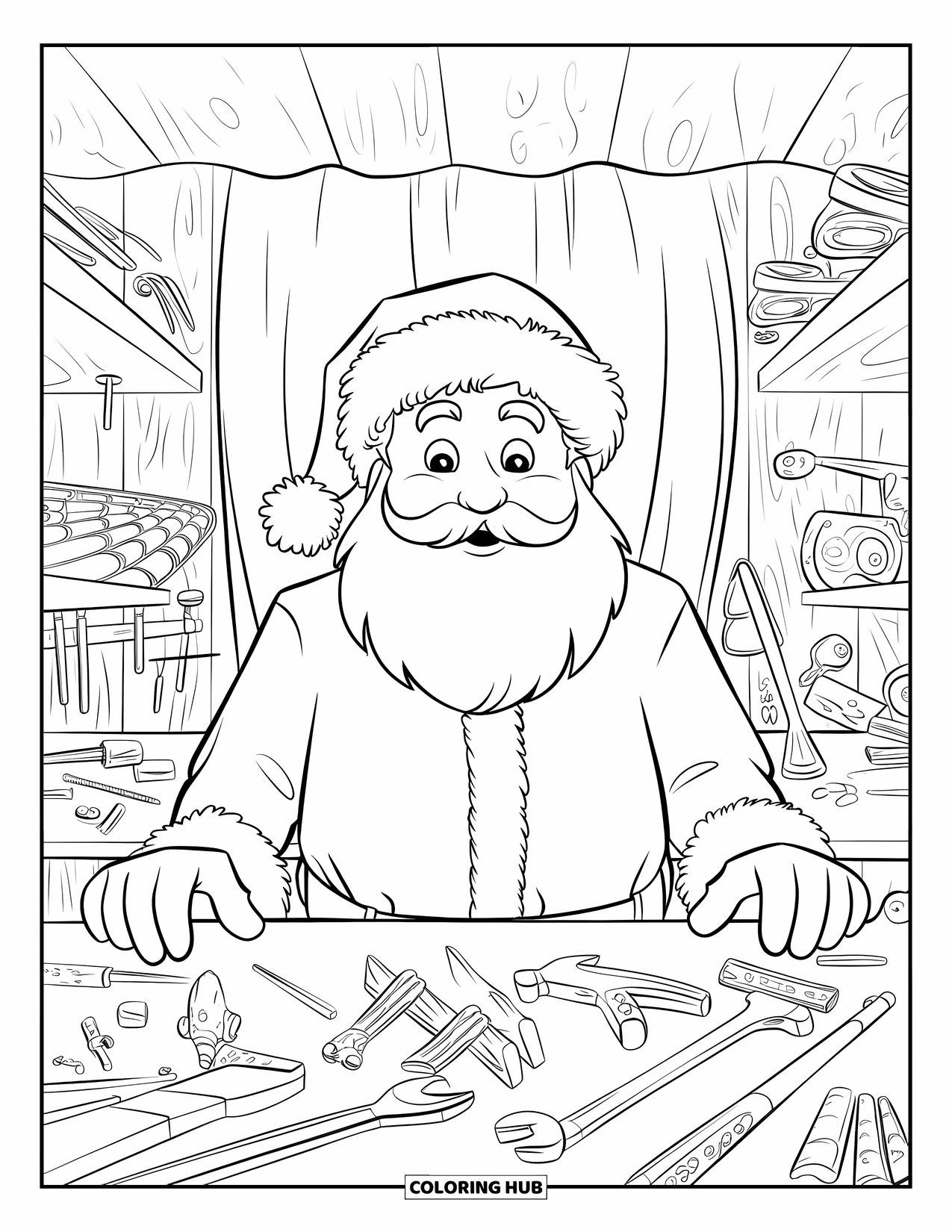 Santa Coloring Page for Kids: Santa stands in his workshop, crafting toys with tools scattered around him