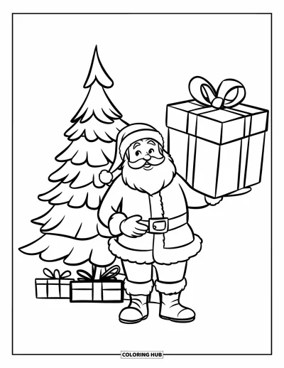 Coloriage de Père Noël pour enfants : Le Père Noël se tient à côté d'un sapin de Noël en tenant un cadeau géant avec un grand nœud