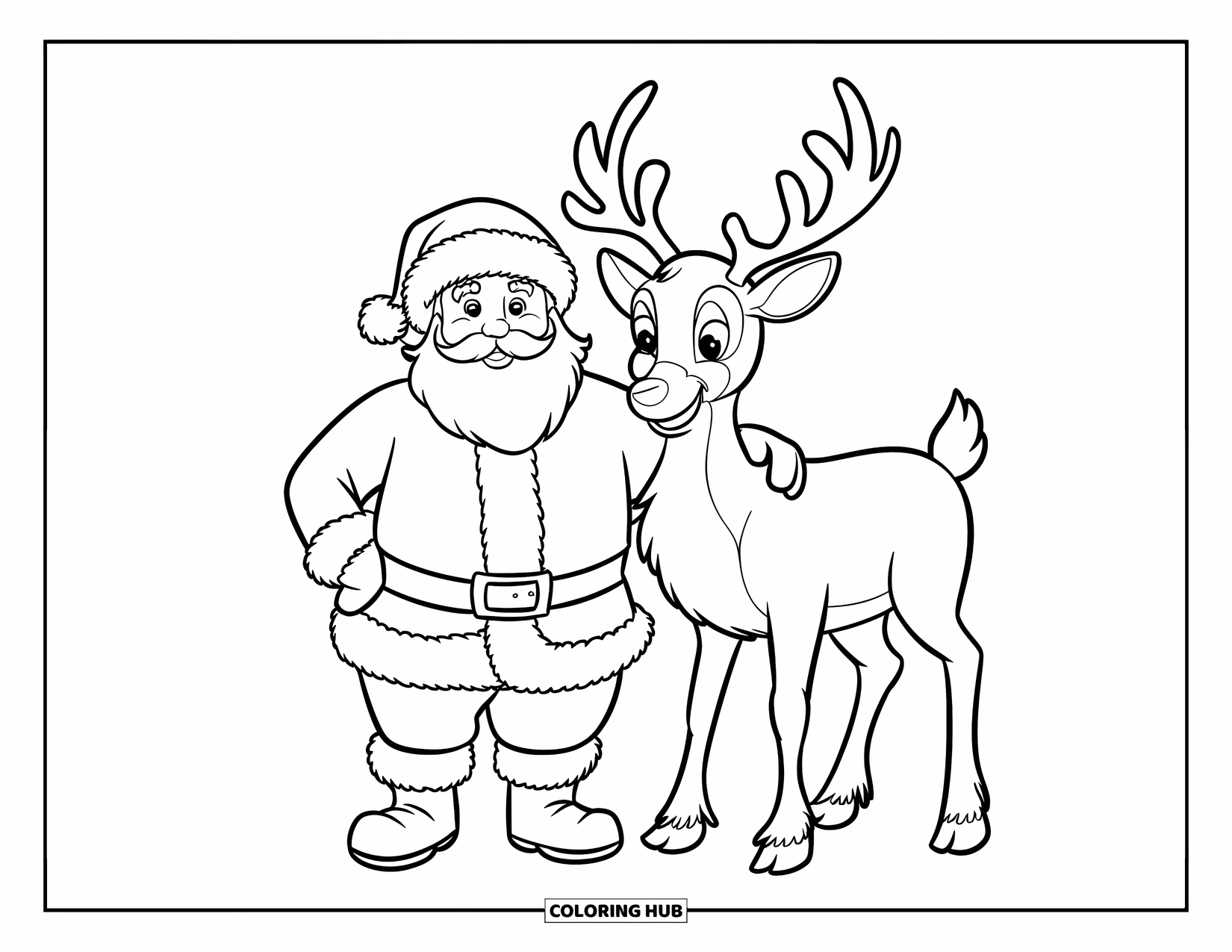 Santa Coloring Page for Kids: Santa stands next to a friendly reindeer, both looking ahead with cheerful expressions