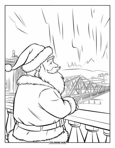Coloriage de Père Noël pour enfants : Le Père Noël se tient sur un balcon et admire les aurores boréales lumineuses dans le ciel