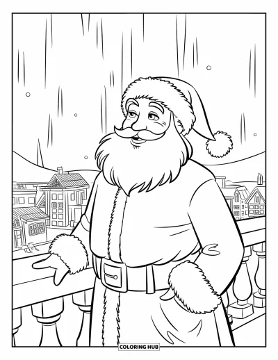 Coloriage de Père Noël pour enfants : Le Père Noël se tient sur un balcon élevé et regarde les aurores boréales danser dans le ciel