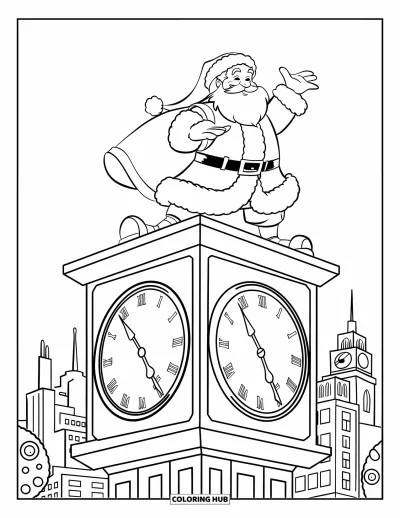 Coloriage de Père Noël pour enfants : Le Père Noël se tient sur une haute tour de l'horloge et vérifie l'heure avant le début de la veille de Noël