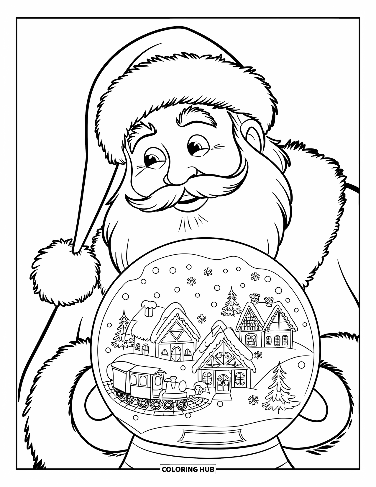 Santa Coloring Page for Kids: Santa stares into a glowing snow globe, admiring a tiny Christmas village inside