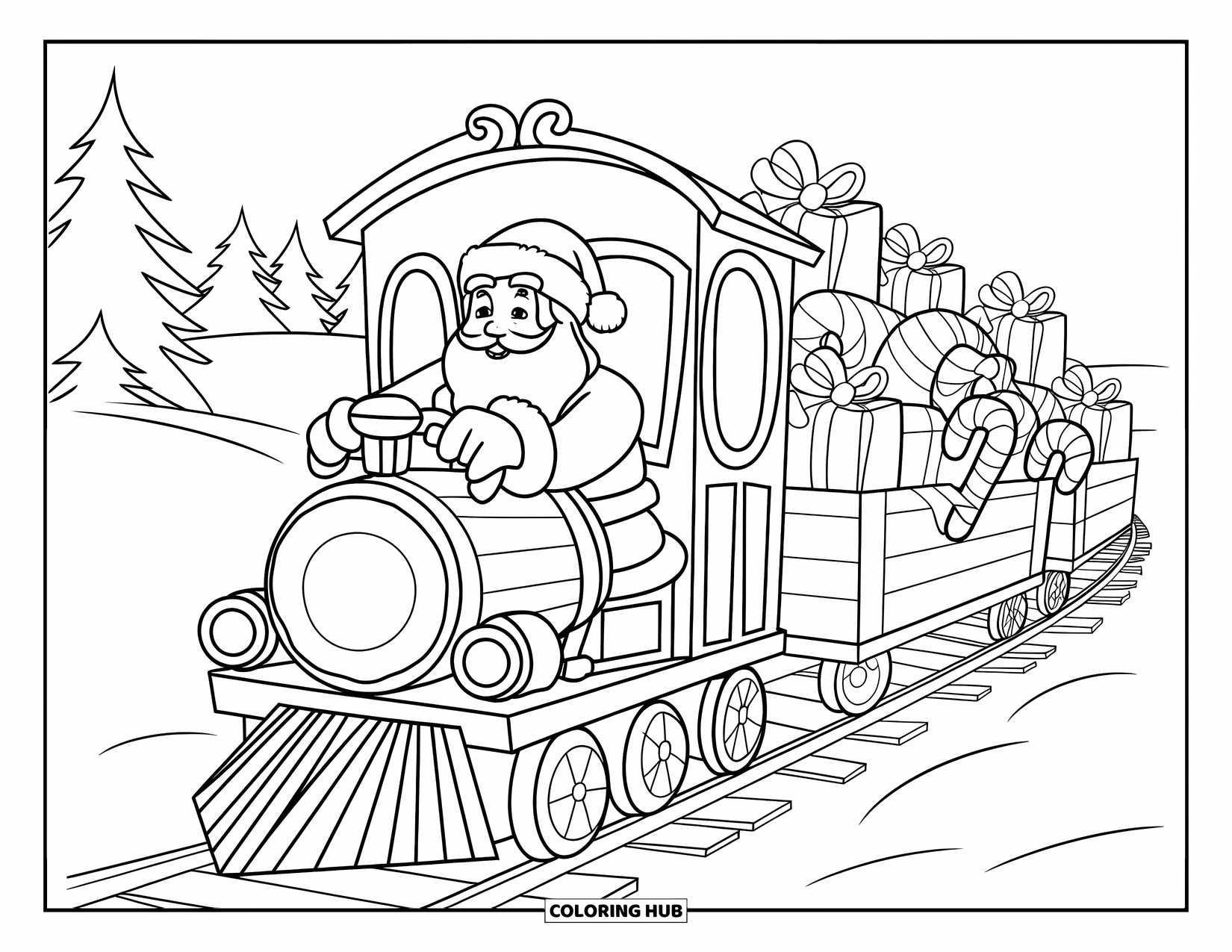 Santa Coloring Page for Kids: Santa steers a train filled with toys and candy canes through a winter wonderland