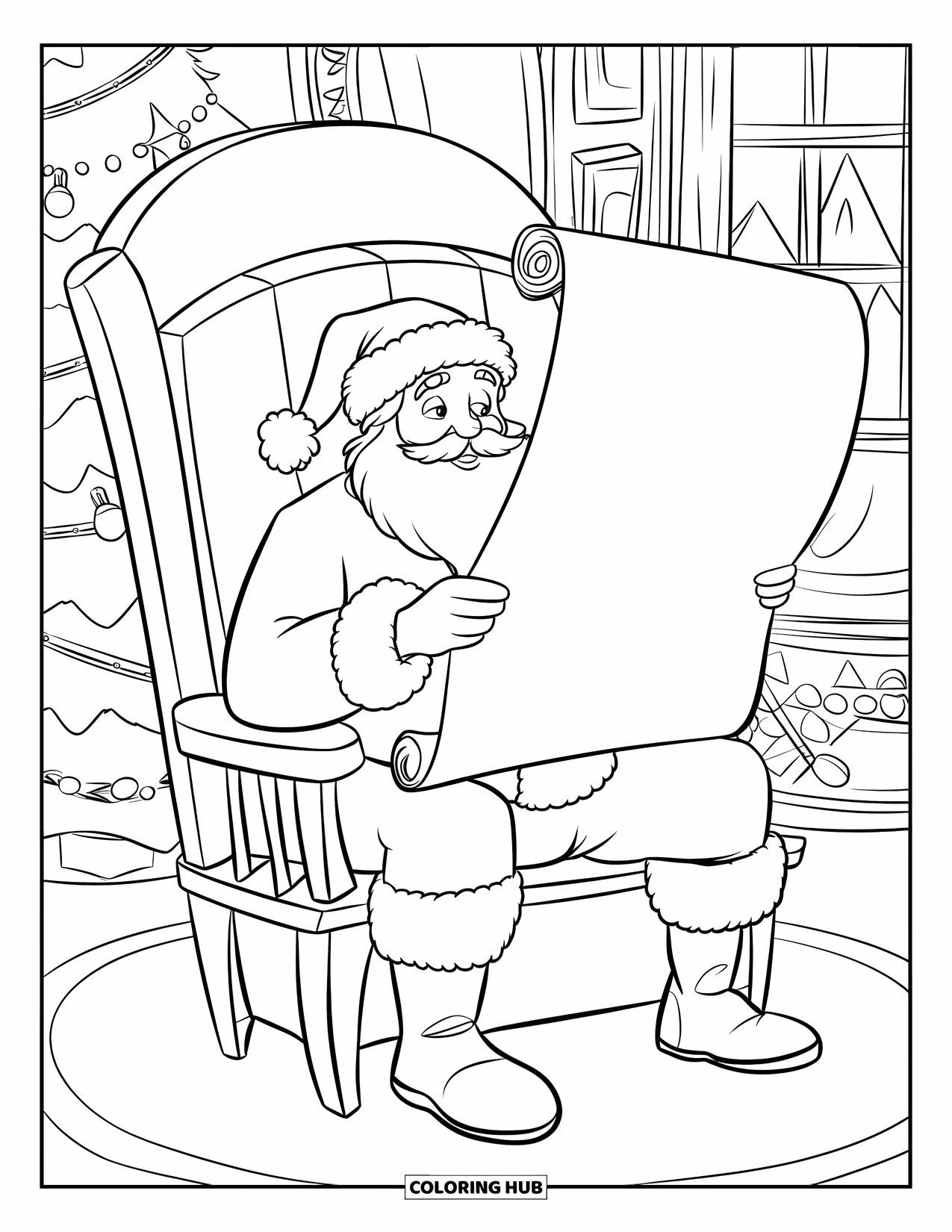 Santa Coloring Page for Kids: Santa studies a giant wish list, the paper spilling over his lap