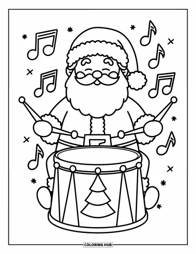 Coloriage de Père Noël pour enfants : Le Père Noël frappe sur un tambour en souriant, des notes de musique dansant autour de lui