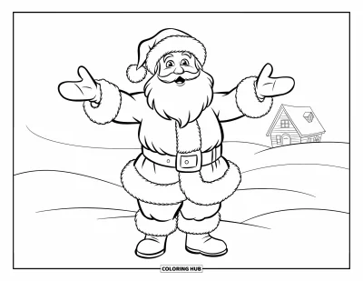 Coloriage de Père Noël pour enfants : Le Père Noël ouvre les bras dans un paysage enneigé, avec un chalet tout proche