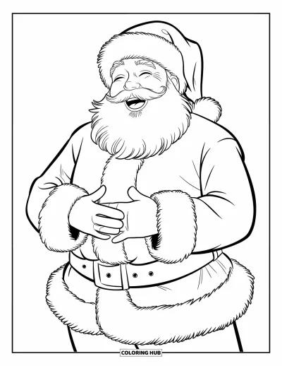 Coloriage de Père Noël pour enfants : Le Père Noël rejette la tête en arrière et rit, les mains sur son ventre rond
