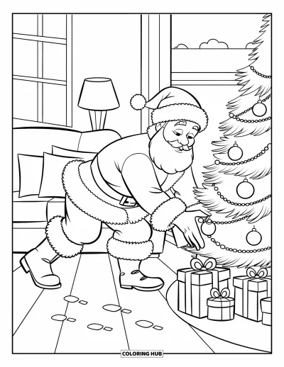 Coloriage de Père Noël pour enfants : Le Père Noël avance sur la pointe des pieds dans le salon et place des cadeaux sous le sapin de Noël scintillant