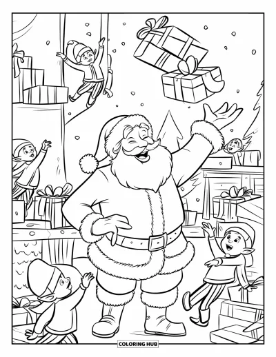 Coloriage de Père Noël pour enfants : Le Père Noël lance des cadeaux en l'air dans son atelier pendant que les lutins se précipitent pour les attraper