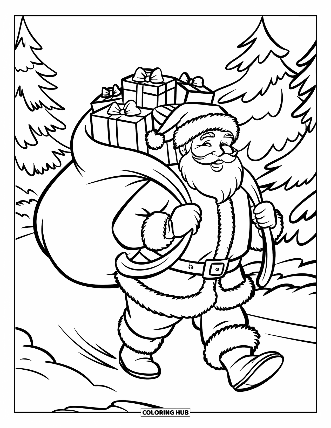 Santa Coloring Page for Kids: Santa trudges along a snowy path, holding a giant sack of presents