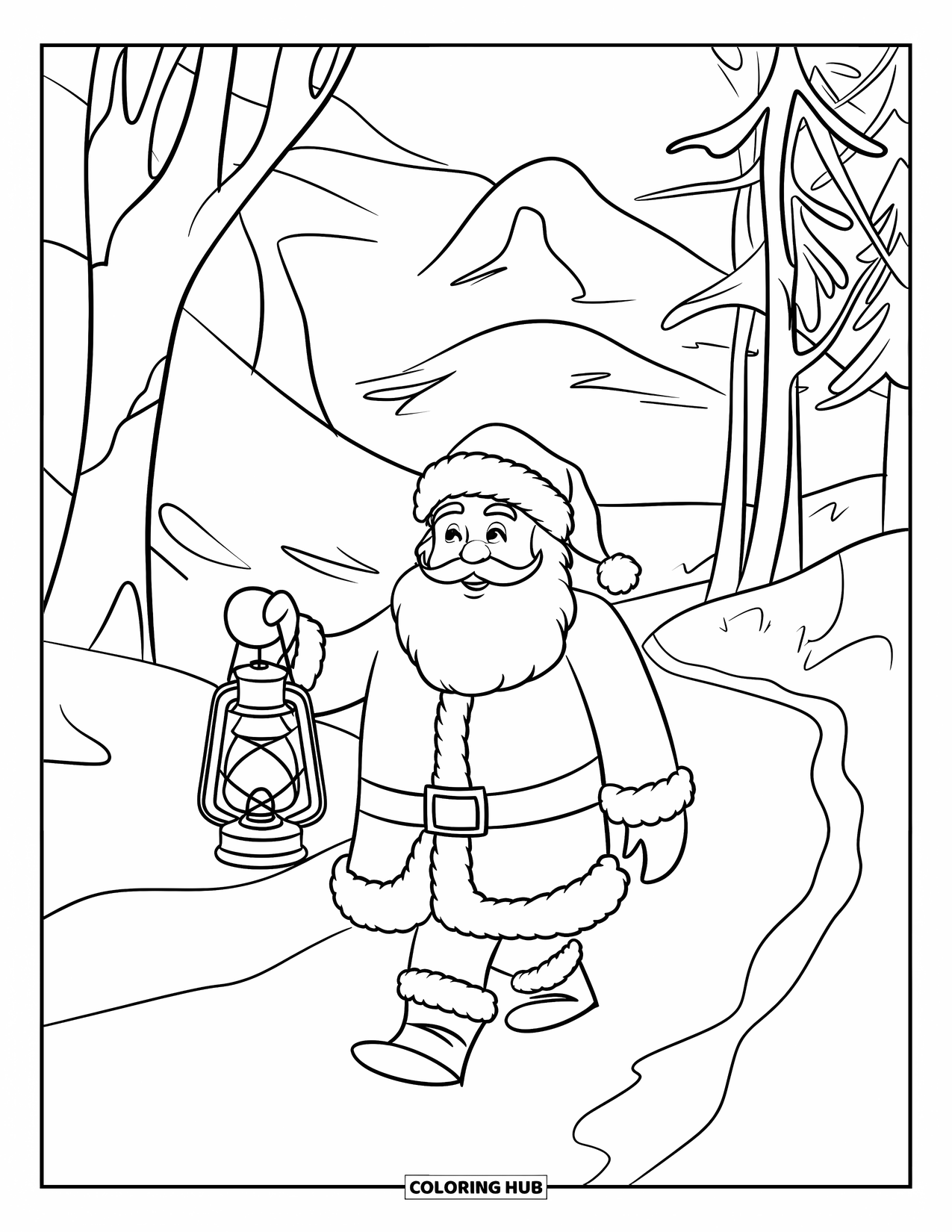 Santa Coloring Page for Kids: Santa walks through a snowy forest, carrying a lantern to light his path