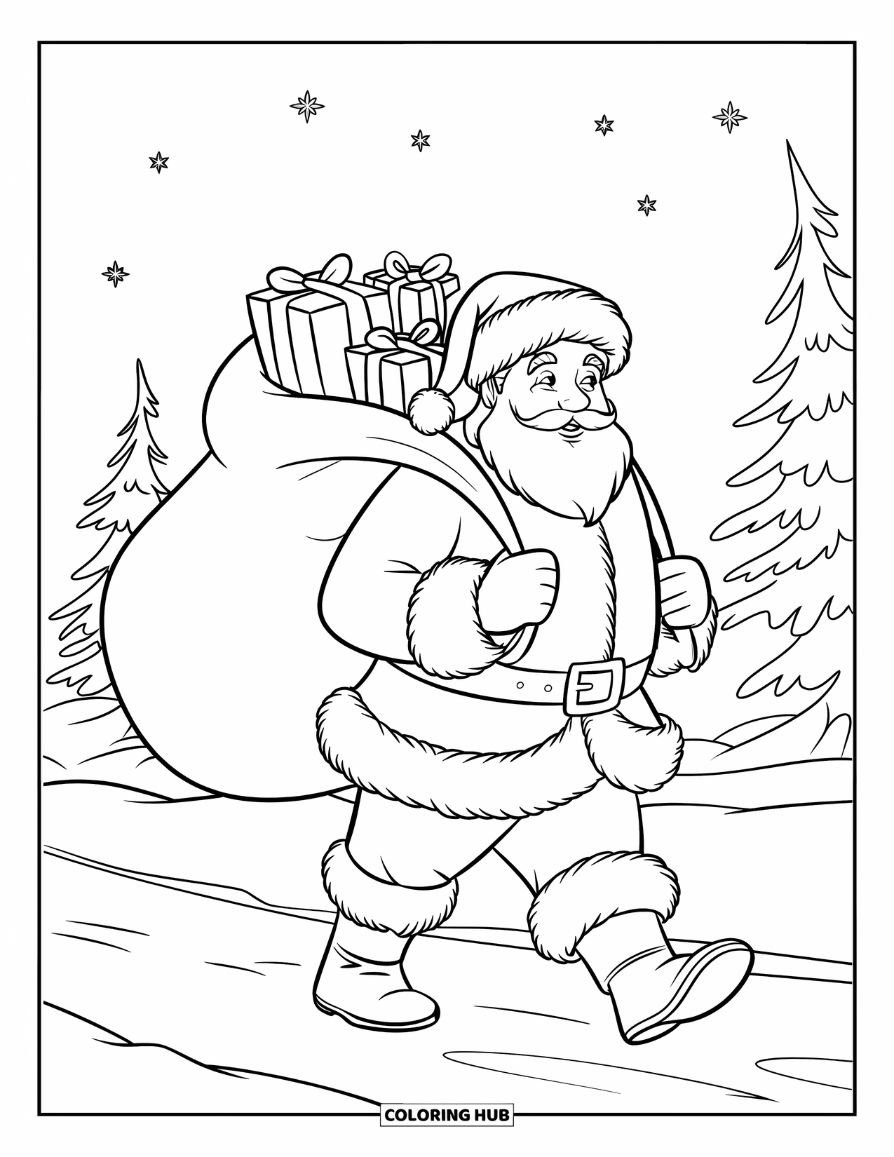 Santa Coloring Page for Kids: Santa walks through the snow, carrying a heavy sack filled with Christmas gifts