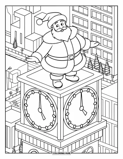 Coloriage de Père Noël pour enfants : Le Père Noël surveille attentivement l'horloge depuis une haute tour pour que Noël arrive à l'heure