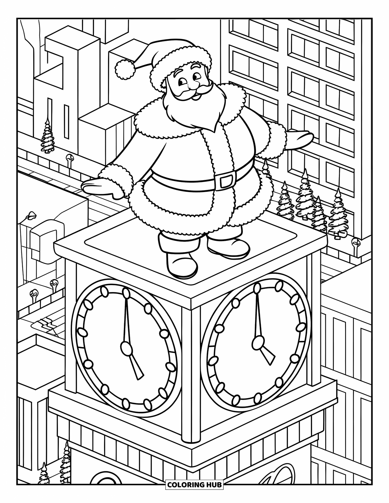 Santa Coloring Page for Kids: Santa watches the clock closely from a high tower, ensuring Christmas arrives on time