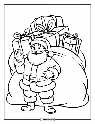Coloriage de Père Noël pour enfants : Le Père Noël salue joyeusement, avec un énorme sac de cadeaux posé derrière lui
