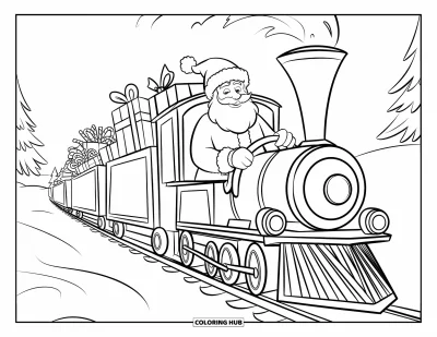 Coloriage de Père Noël pour enfants : Le Père Noël salue depuis un train rempli de cadeaux qui roule sur des rails enneigés