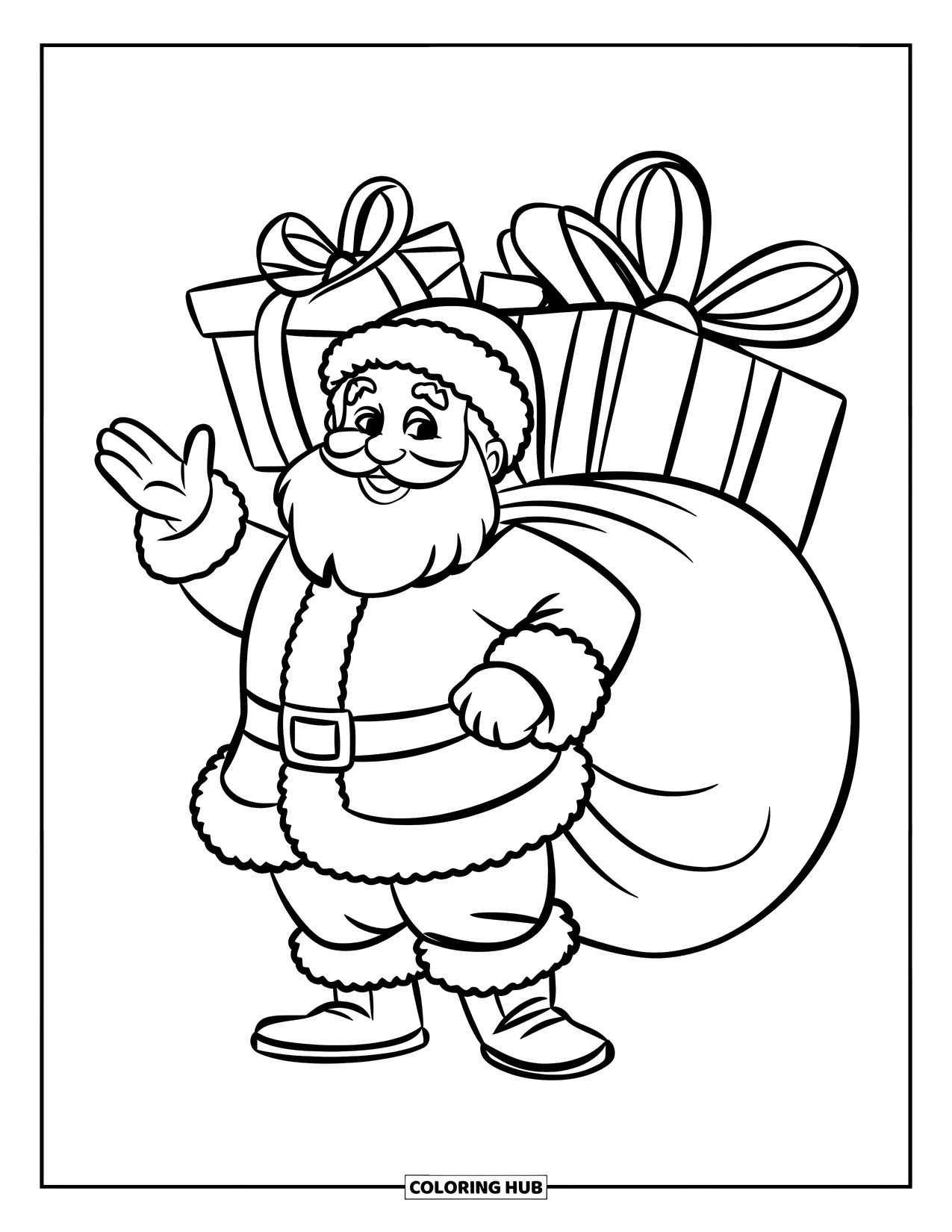 Santa Coloring Page for Kids: Santa waves joyfully, standing beside a big sack overflowing with presents