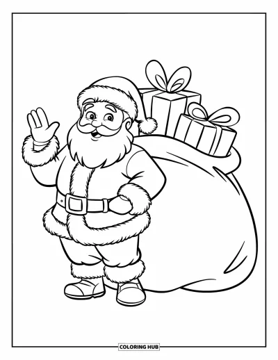 Coloriage de Père Noël pour enfants : Le Père Noël fait un grand signe de la main, son sac de cadeaux prêt pour la veille de Noël