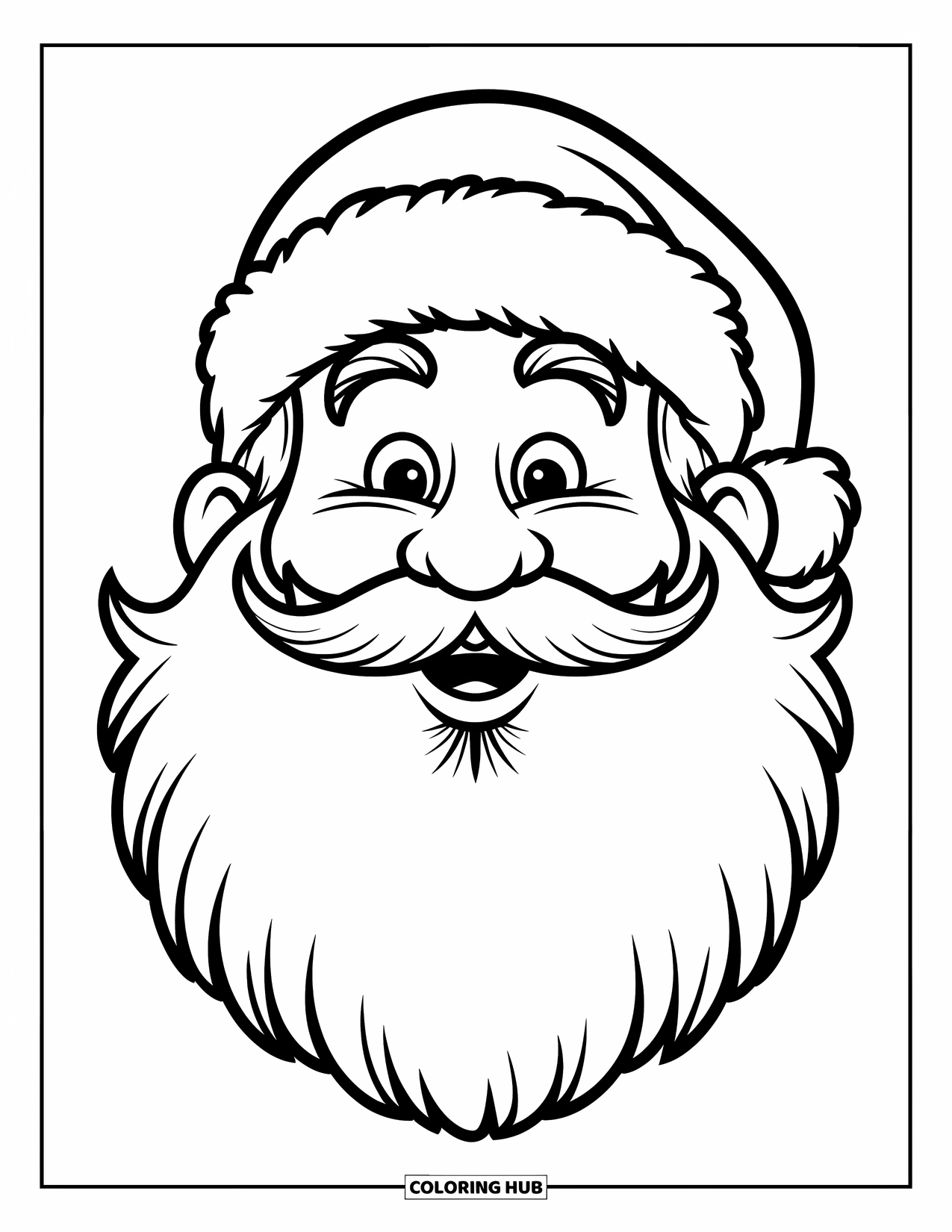Santa Coloring Page for Kids: Santa's cheerful face, with a fluffy beard and twinkling eyes, takes center stage