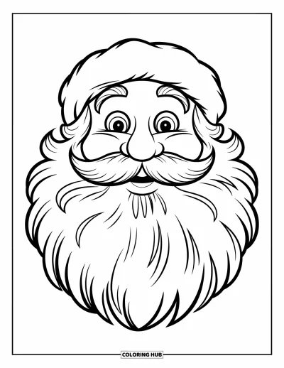 Coloriage de Père Noël pour enfants : Le visage du Père Noël remplit la page, avec un nez rond et une barbe duveteuse