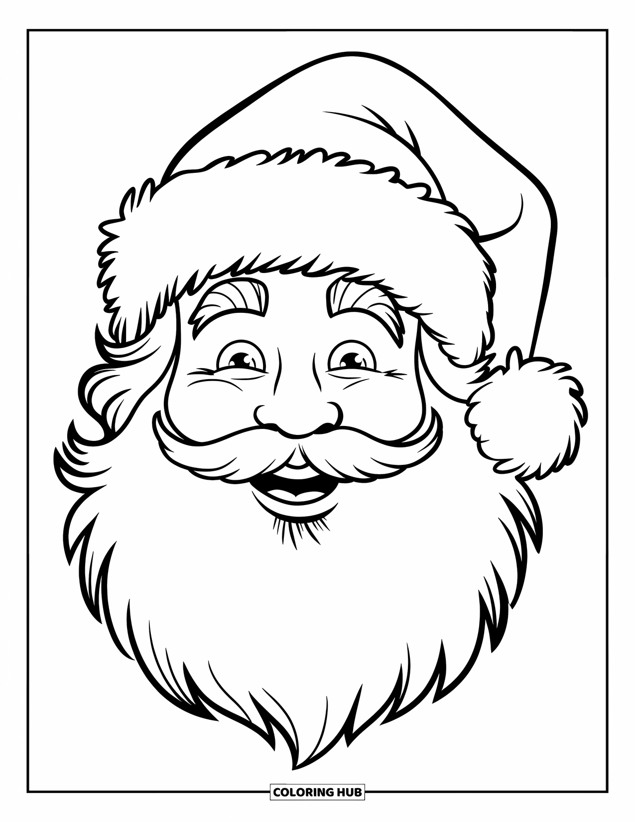 Santa Coloring Page for Kids: Santa's jolly face, with a fluffy hat and long beard, fills the page