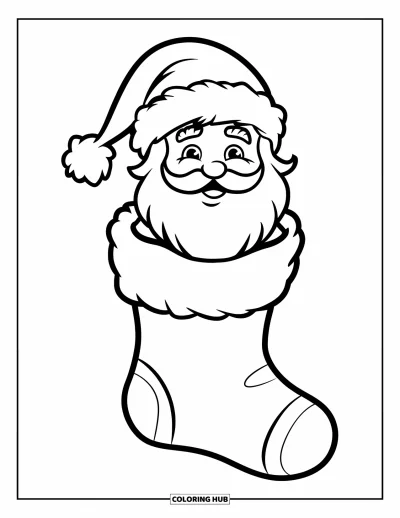 Coloriage de Père Noël pour enfants : Le visage joyeux du Père Noël apparaît dans une chaussette de Noël, entouré de gourmandises de fête