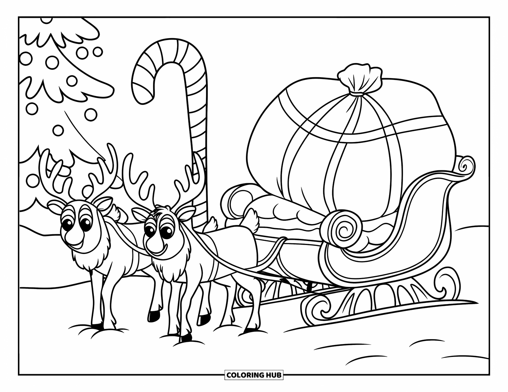 Santa Coloring Page for Kids: Santa's sleigh is parked in the snow, with a big sack of presents inside