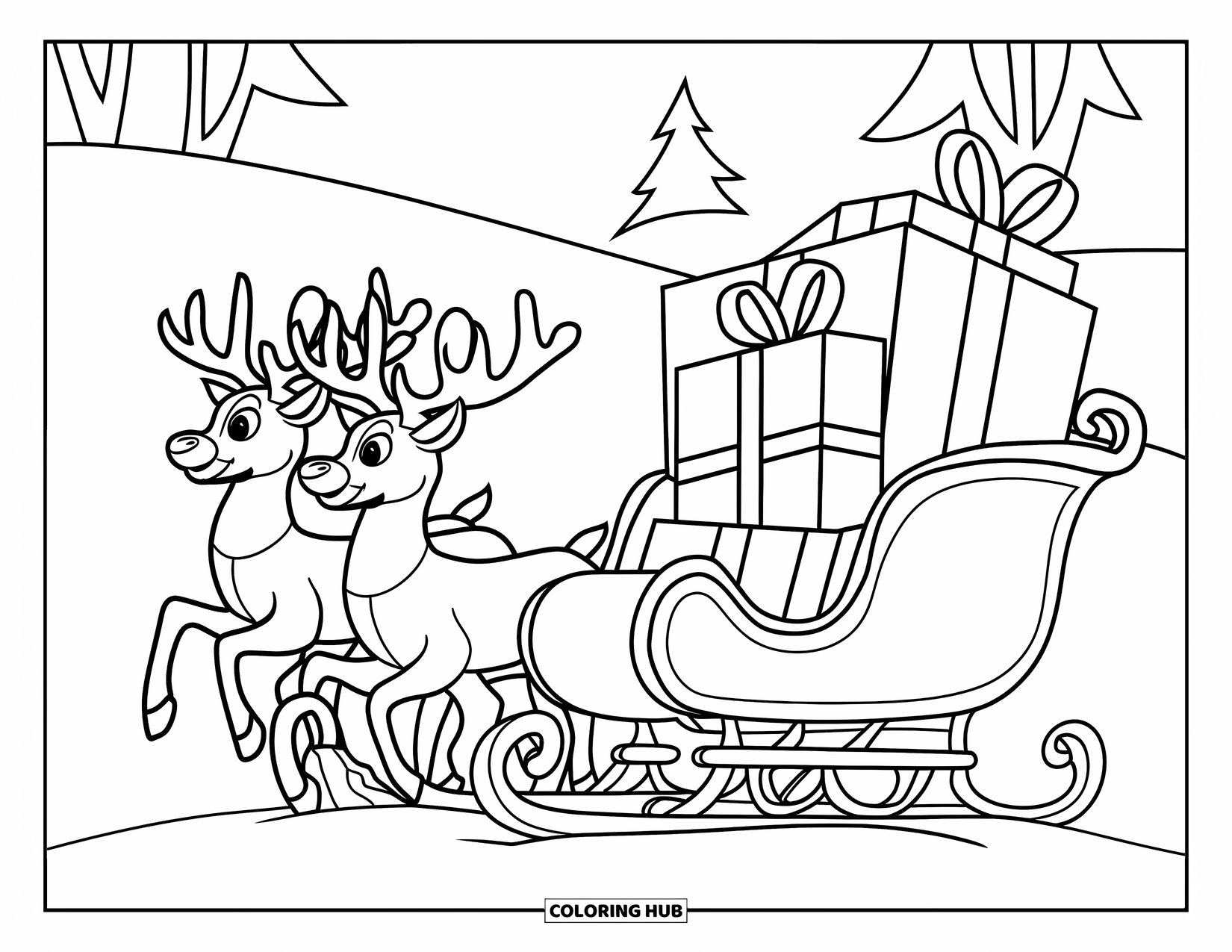 Santa Coloring Page for Kids: Santa's sleigh rests in a snowy landscape, loaded with a single large gift bag