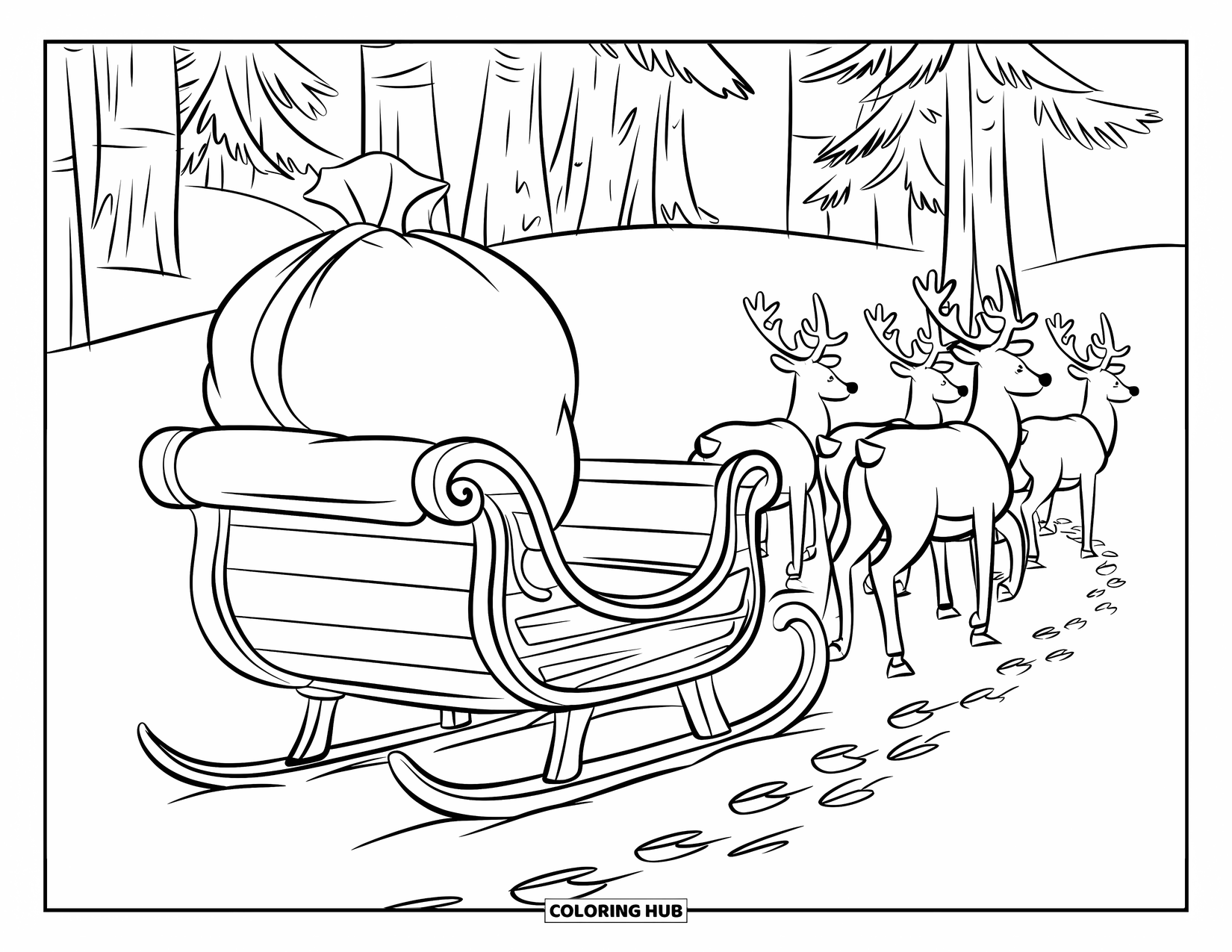 Santa Coloring Page for Kids: Santa's sleigh sits in the snow, footprints trailing away toward the horizon