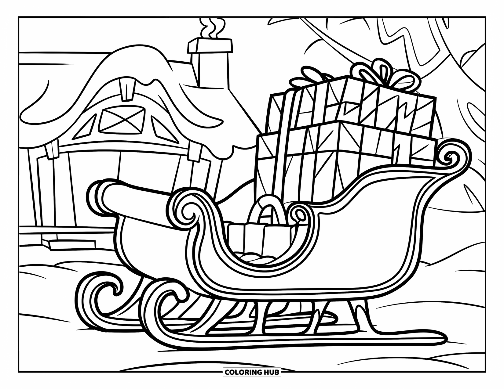 Santa Coloring Page for Kids: Santa's sleigh waits in the snow, with one giant sack of gifts inside