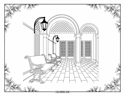 Coloriage d’école pour adultes : Une cour d’école calme avec des bancs en pierre, des lanternes ornées et des arches décoratives