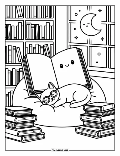 Coloriage d’école pour adultes : Un chat fait la sieste avec des lunettes près de piles de livres et d’un livre ouvert souriant au clair de lune
