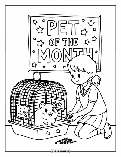 Coloriage d’école pour adultes : Un hamster joyeux roule dans sa roue pendant qu’un élève agenouillé lui tend une friandise