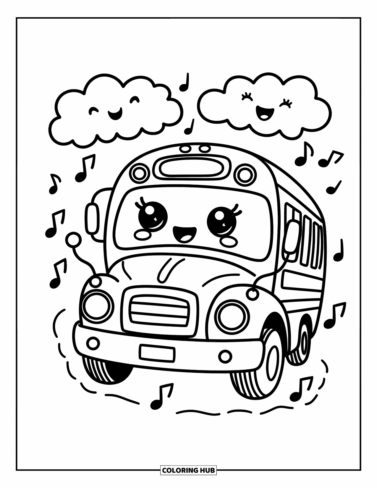 Kolorowanka szkolna dla dorosłych: Wesoły autobus szkolny z przyjaznymi oczami jest otoczony puszystymi chmurami i maleńkimi nutami muzycznymi.