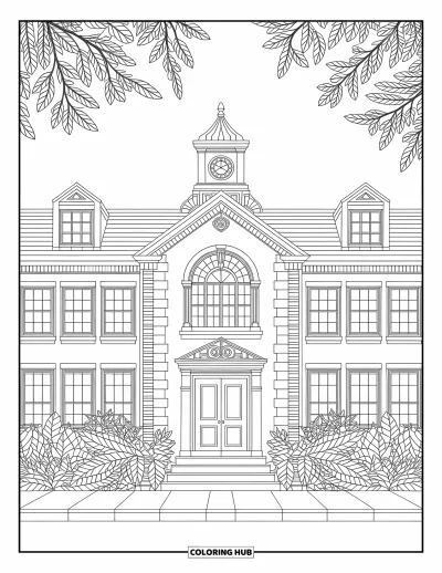 Coloriage d’école pour adultes : Une façade d’école classique avec des fenêtres élégantes, des détails en brique et une charmante tour d’horloge