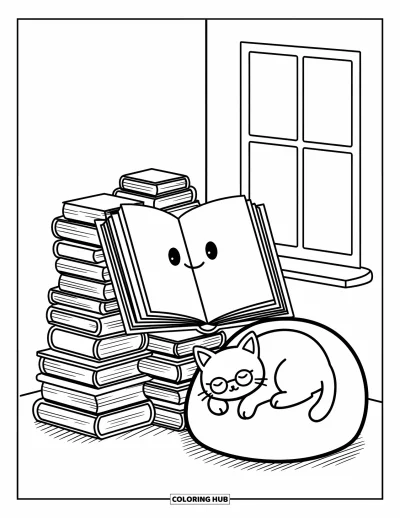 Coloriage d’école pour adultes : Une scène de bibliothèque douillette avec un chat qui dort, des livres souriants et un croissant de lune lumineux