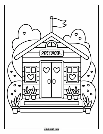 Coloriage d’école pour adultes : Un petit bâtiment d’école chaleureux avec des fenêtres en cœur, des plantes en pot et un drapeau qui flotte