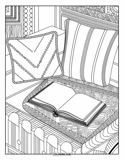 Coloriage d’école pour adultes : Un coin lecture chaleureux avec des coussins moelleux, un livre ouvert et un tapis à motifs