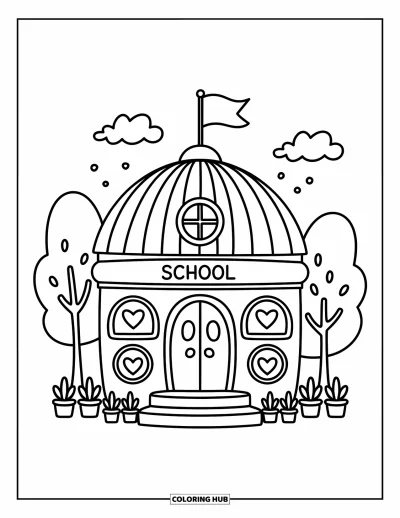 Coloriage d’école pour adultes : Un bâtiment scolaire chaleureux avec fenêtres en cœur, grandes portes, plantes en pot et drapeau flottant