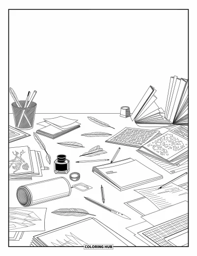 Coloriage d’école pour adultes : Un espace créatif avec des plumes, des rouleaux de parchemin, des croquis et de délicates bordures à motifs
