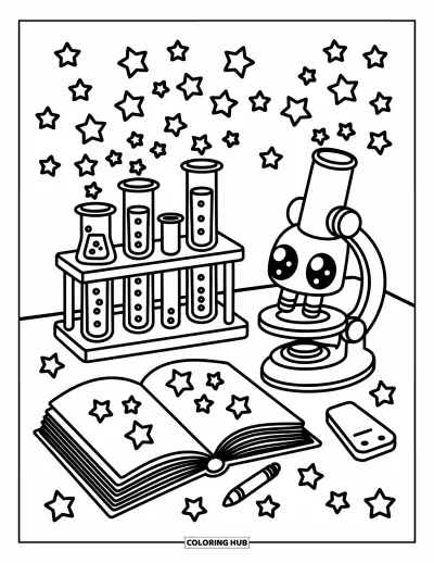 Coloriage d’école pour adultes : Un microscope mignon et des béchers pétillants sont posés près d’un livre ouvert sur une table de sciences chaleureuse