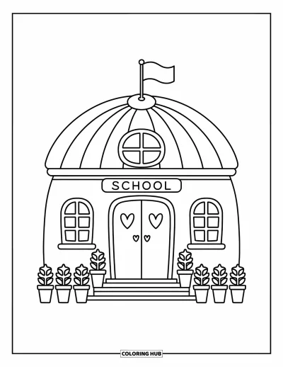 Coloriage d’école pour adultes : Un joli bâtiment d’école avec de grandes portes, des fenêtres en cœur et des plantes se dresse avec un drapeau qui flotte