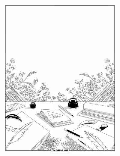 Coloriage d’école pour adultes : Un bureau couvert de croquis, de plumes, de rouleaux de parchemin et de motifs décoratifs complexes