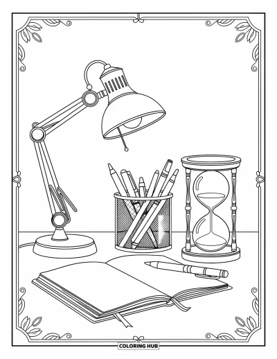 Coloriage d’école pour adultes : Un bureau avec une lampe, un cahier ouvert, des stylos et des motifs tourbillonnants détaillés