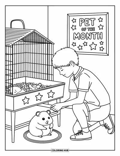Coloriage d’école pour adultes : Un hamster heureux tourne dans sa roue pendant qu’un élève lui propose doucement de la nourriture