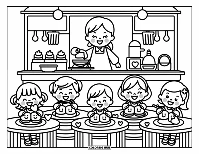 Coloriage d’école pour adultes : Une cantinière souriante sert quatre enfants qui savourent des plateaux décorés de cœurs et remplis de goûters mignons